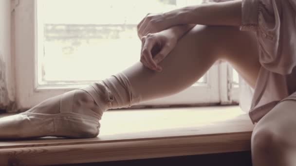 Ballerina Rests Windowsill Large Panoramic Window Old Studio Dance Beautiful — Stock Video