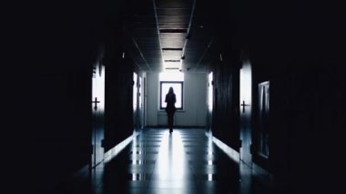 Kameraya doğru koridor boyunca güvenle yürüyen bir iş kadın silüeti. Sıkı patron kadın belgeleri koridorda scatters. Durum kontrolden çıktı.