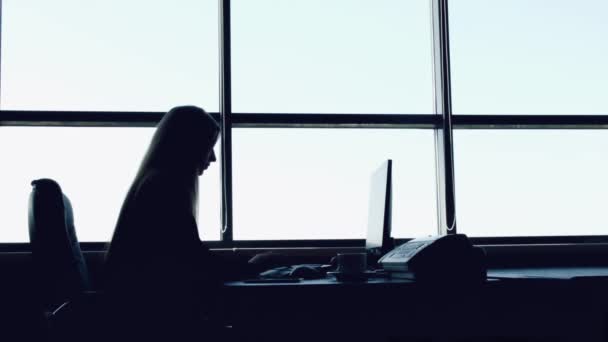 大きなパノラマの窓が付いているオフィスのコンピューターを使用して実業家のシルエット 女性秘書はコンピューターで — ストック動画
