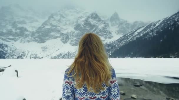 Girl Sweater Standing His Back Camera Background Snow Covered Mountains — Stock Video