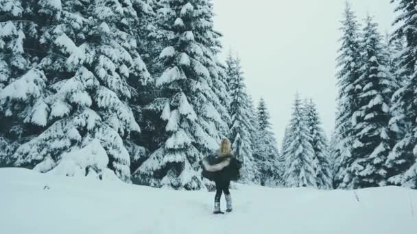 Весела Дівчина Вигулює Зимовому Лісі Радіє Снігу Зими Свободи Одяг — стокове відео