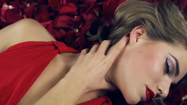Lány Piros Ruhában Egy Gyönyörű Frizurát Fekszik Vörös Rózsa Szirmok — Stock videók