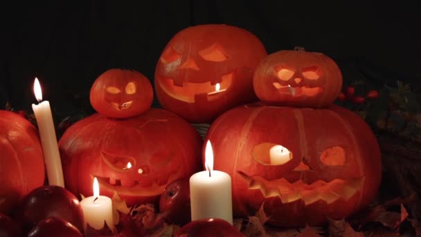 All Saints Day Thanksgiving Halloween Harvest Festival Orange Pumpkins Carved — Stock Video