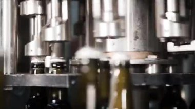 Bir bira fabrikasında otomatik dolum makinesi. Konveyör bandı üzerinde bira için cam şişeler. Sanayi için dolum makinesi.