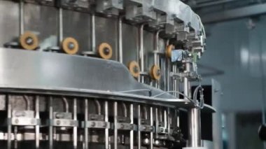 Bir bira fabrikasında otomatik dolum makinesi. Konveyör bandı üzerinde bira için cam şişeler. Sanayi için dolum makinesi.