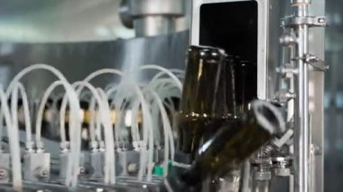 Bir bira fabrikasında otomatik dolum makinesi. Konveyör bandı üzerinde bira için cam şişeler. Sanayi için dolum makinesi.