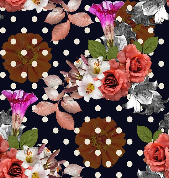 Seamless Flowers Polka Dot Roses Lily Zinnia Navy Blue Background — Stock Photo, Image