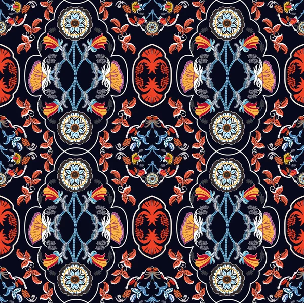 Seamless vintage floral pattern. Stylized silhouettes of flowers and berries on a Navy blue background. Orange, pink, brown, purple flowers with gold leaves.