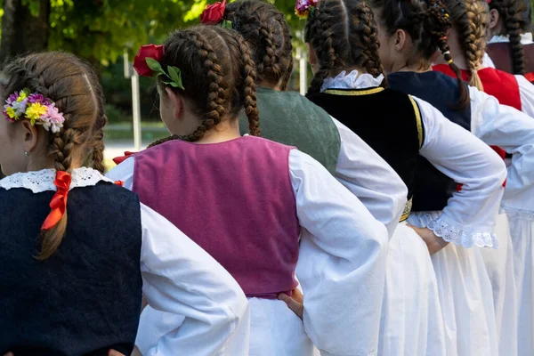 Détail Costume Folklorique Serbie Pour Femme Avec Broderie Multicolore Filles — Photo