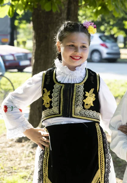Détail Costume Folklorique Serbie Pour Femme Avec Broderie Multicolore Folklorique — Photo