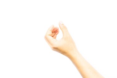 Beyaz arka planda izole edilmiş bir şey tutan kadın el gösterisi