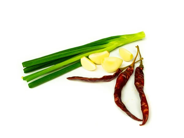 Mescolare Cipolla Ingrediente Peperoncino Aglio Sfondo Bianco — Foto Stock