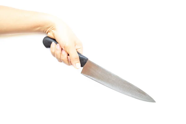 白い背景で隔離のナイフで女性の手 — ストック写真