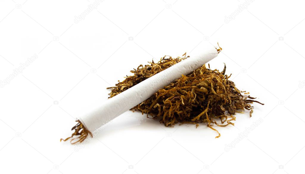 Homemade cigarettes and tobacco isolate on white background