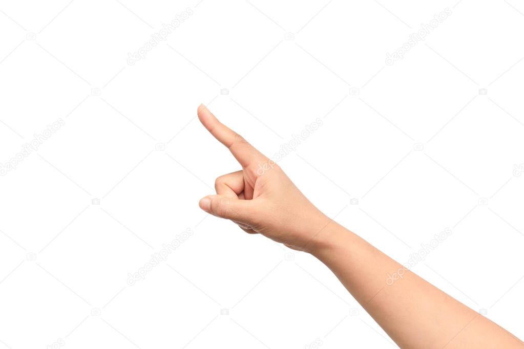 Woman hand point up finger isolated on a white background