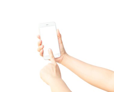 Kadın el beyaz smartphone tutarak.
