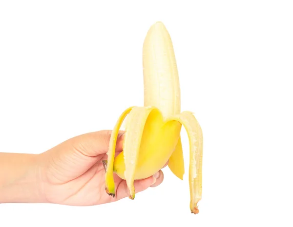 Donna Mano Tenendo Banana Isolata Sfondo Bianco — Foto Stock