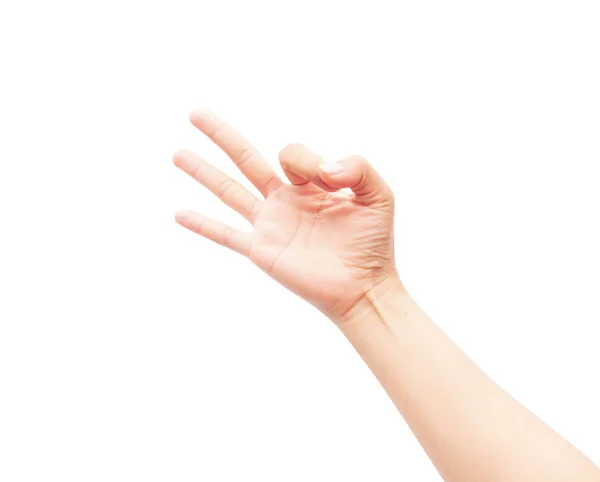 Γυναίκα Χέρι Δείχνει Σημάδι Και Σύμβολο Εντάξει Λευκό Φόντο — Φωτογραφία Αρχείου