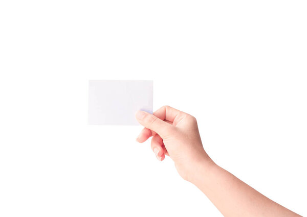Woman hand holding paper isolated on white background