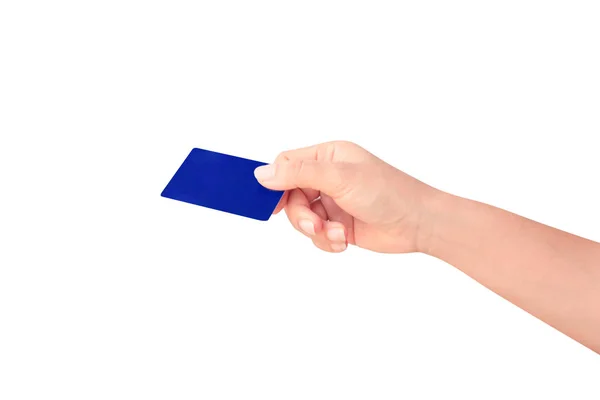 Female hand holding a bank card isolated on white background — Stock Photo, Image