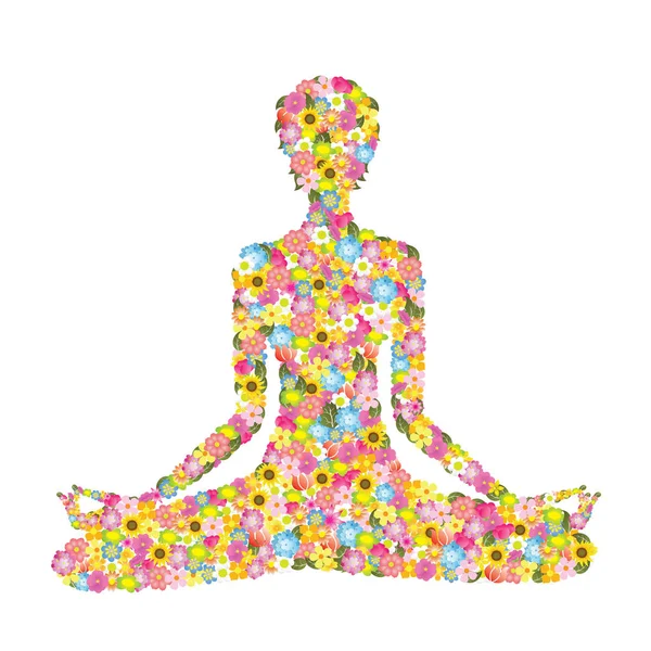 Resimde farklı çiçeklerle yapılan yoga yaparken bir kadının