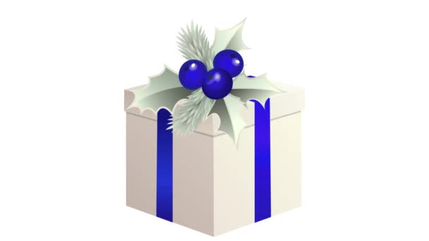 Kerst Animatie Met Witte Cadeau Met Blauwe Linten — Stockvideo
