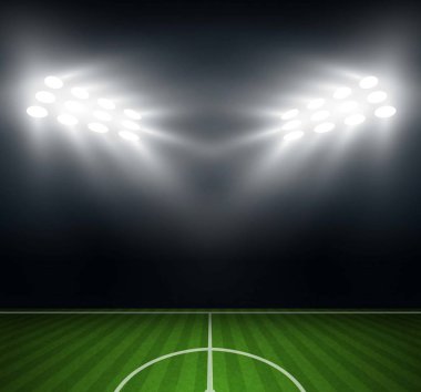 Futbol arena alan parlak Stadyum ışıkları ile vektör tasarım. Vektör aydınlatma