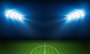 Futbol arena alan parlak Stadyum ışıkları ile vektör tasarım. Vektör aydınlatma