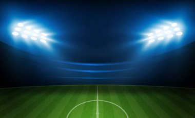 Futbol arena alan parlak Stadyum ışıkları ile vektör tasarım. Vektör aydınlatma