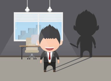 İş güç kavramı. Önünde duran işadamı onun bıçak arkada gölge. Kendine güven. Gelecekteki hedefi. Kendini geliştirme. Vektör çizim.