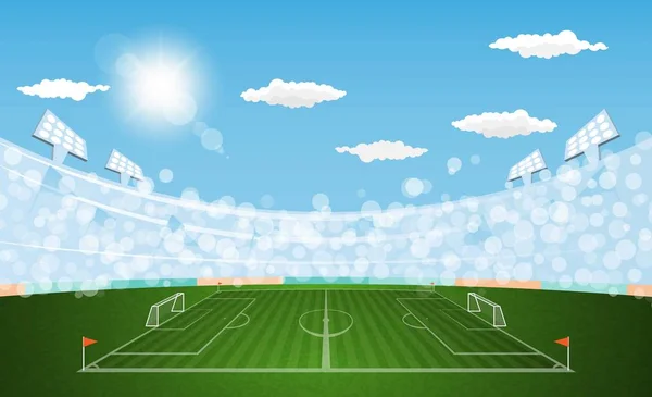 Campo Arena Futebol Com Luzes Sol Design Vetor Diurno Ilustração — Vetor de Stock