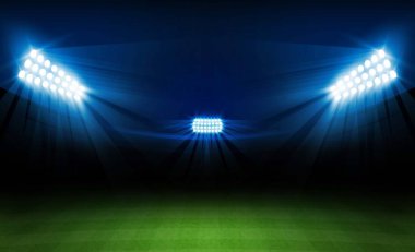 Futbol arena alan parlak Stadyum ışıkları ile vektör tasarım. Vektör aydınlatma
