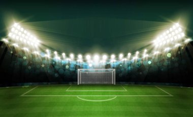 Futbol arena alan parlak Stadyum ışıkları ile vektör tasarım. Vektör aydınlatma