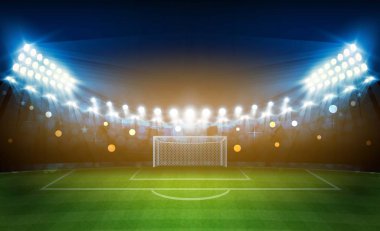 Futbol arena alan parlak Stadyum ışıkları ile vektör tasarım. Vektör aydınlatma