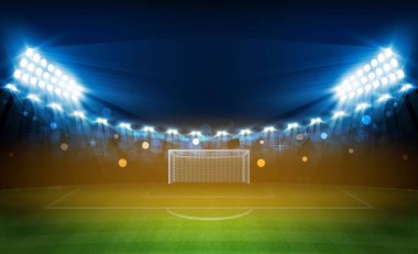 Futbol arena alan parlak Stadyum ışıkları ile vektör tasarım. Vektör aydınlatma