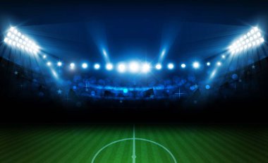Futbol arena alan parlak Stadyum ışıkları ile vektör tasarım. Vektör aydınlatma