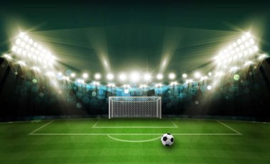 Futbol arena alan parlak Stadyum ışıkları ile vektör tasarım. Vektör aydınlatma