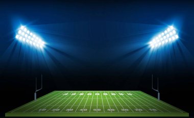 Amerikan futbolu arena alan parlak Stadyum ışıkları tasarımı ile. Vektör aydınlatma