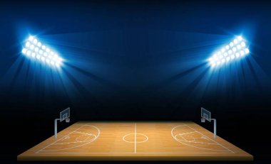 Basketbol arena alan parlak Stadyum ışıkları tasarımı ile. Vektör aydınlatma
