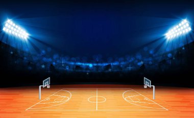 Basketbol arena alan parlak Stadyum ışıkları tasarımı ile. Vektör aydınlatma