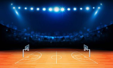 Basketbol arena alan parlak Stadyum ışıkları tasarımı ile. Vektör aydınlatma