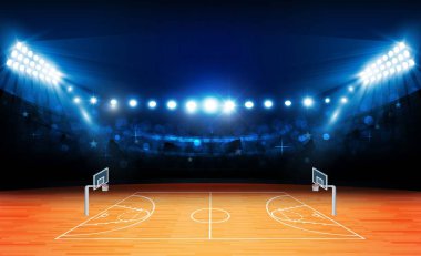 Basketbol arena alan parlak Stadyum ışıkları tasarımı ile. Vektör aydınlatma