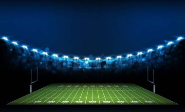 Amerikan futbolu arena alan parlak Stadyum ışıkları tasarımı ile. Vektör aydınlatma