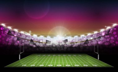 Amerikan futbolu arena alanıyla parlak Stadyum ışıkları ve akşam ışık günbatımı. Vektör aydınlatma