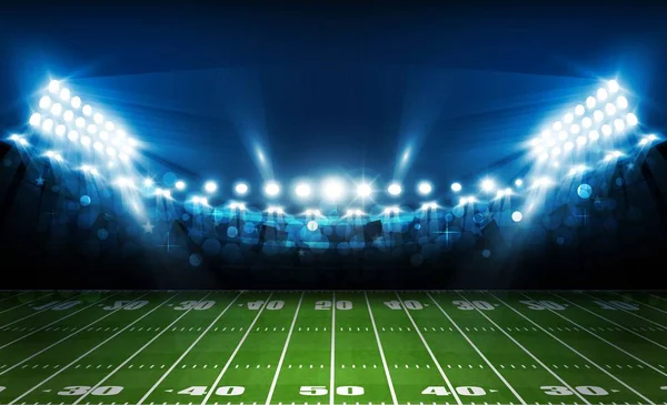 Amerikan futbolu arena alan parlak Stadyum ışıkları tasarımı ile. Vektör aydınlatma