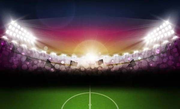 足球场球场有明亮的体育场灯和傍晚日落的矢量设计 矢量照明 — 图库矢量图片