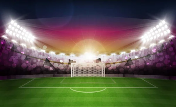 Fußballplatz Mit Hellen Stadionlichtern Und Abendsonnenuntergang Vektordesign Vektorbeleuchtung — Stockvektor