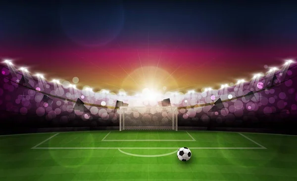 Futbol Arena Alanıyla Parlak Stadyum Işıkları Gün Batımı Vektör Tasarımı — Stok Vektör