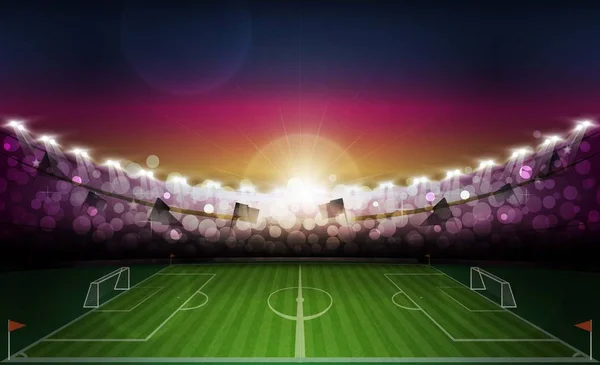 明るいスタジアムのライトと夜の日没のベクター デザイン サッカー アリーナ フィールドです ベクトル照明 — ストックベクタ