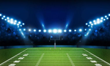 Amerikan futbolu arena alan parlak Stadyum ışıkları tasarımı ile. Vektör aydınlatma